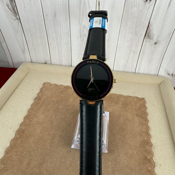 Vintage Paolo Gucci 18K Gold Plated Swiss Watch New Italian Black Strap main image 8